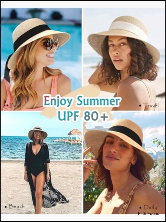 Foldable Straw Sun Hat UPF 80+ Adjustable Brim Beach Travel Summer main image 6